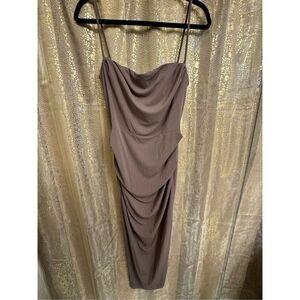 ZARA Brown Ruched Midi Dress Spaghetti Straps Medium NWT